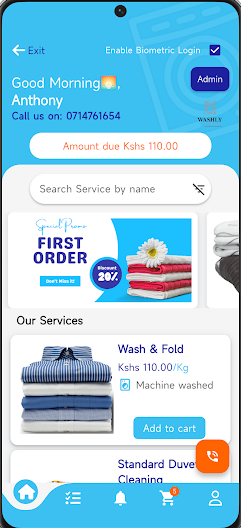 Washly mobile app service selection screen