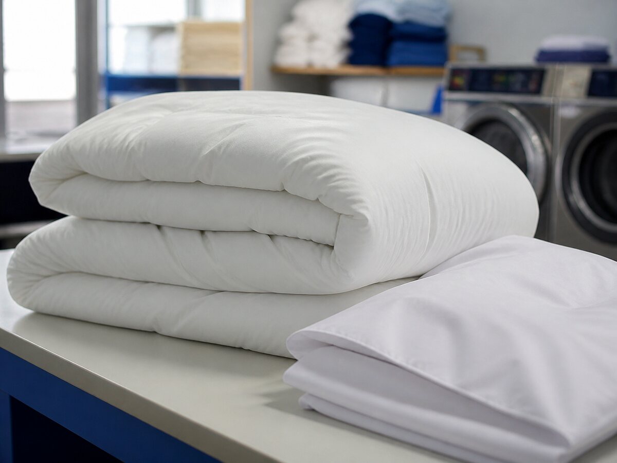 Freshly cleaned duvet and bedding folded at the laundromat