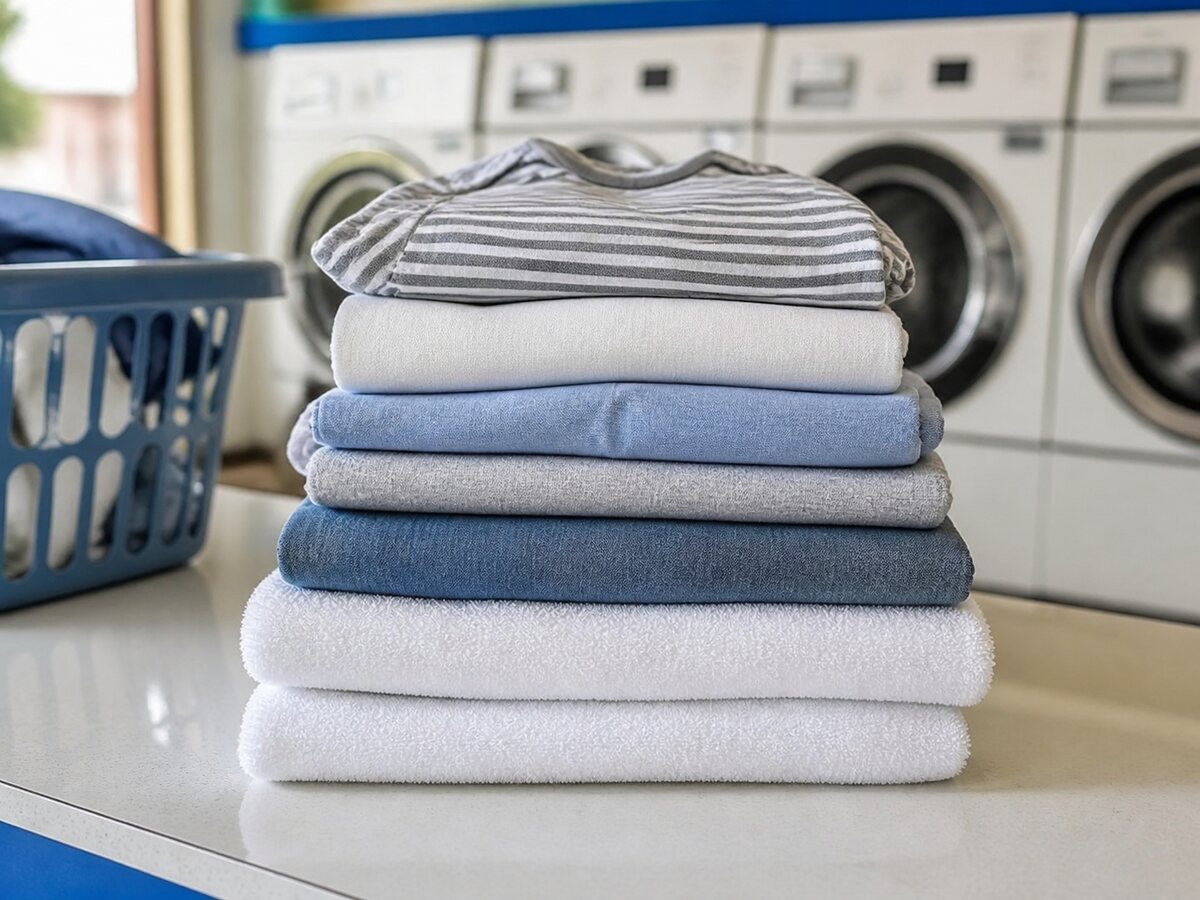 Clean folded clothes and towels ready after laundry service