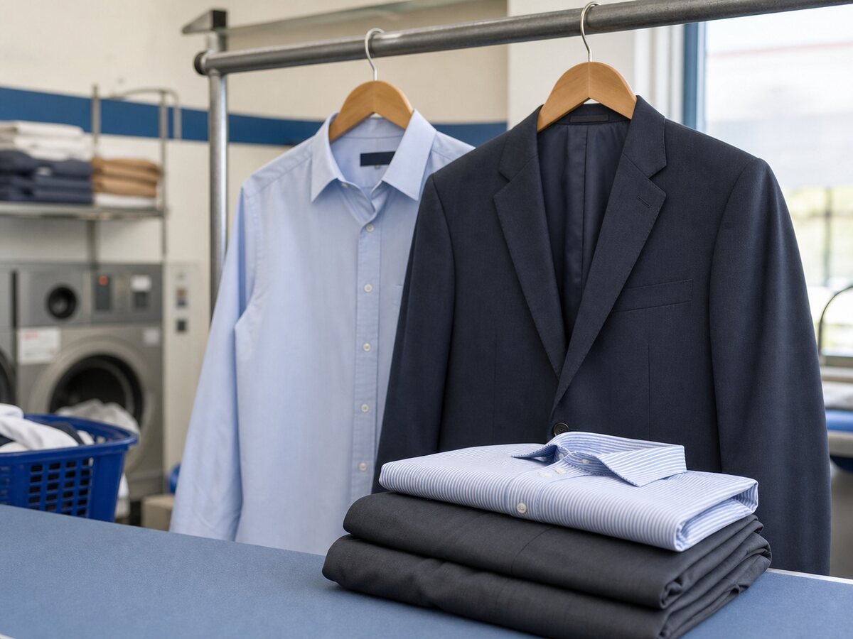 Pressed suit, shirt, and office wear ready after garment care